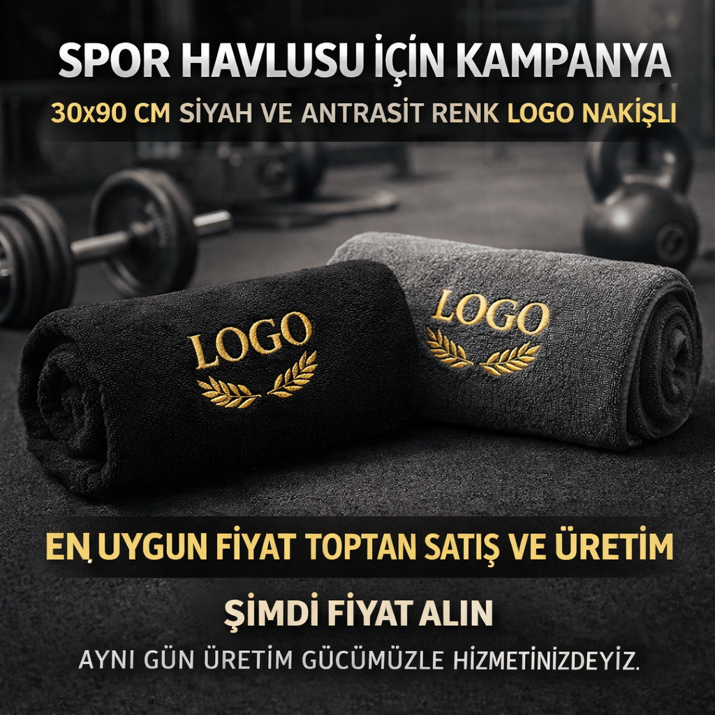 Logolu Spor Havlusu | Siyah & Antrasit Nakışlı Toptan Üretim
