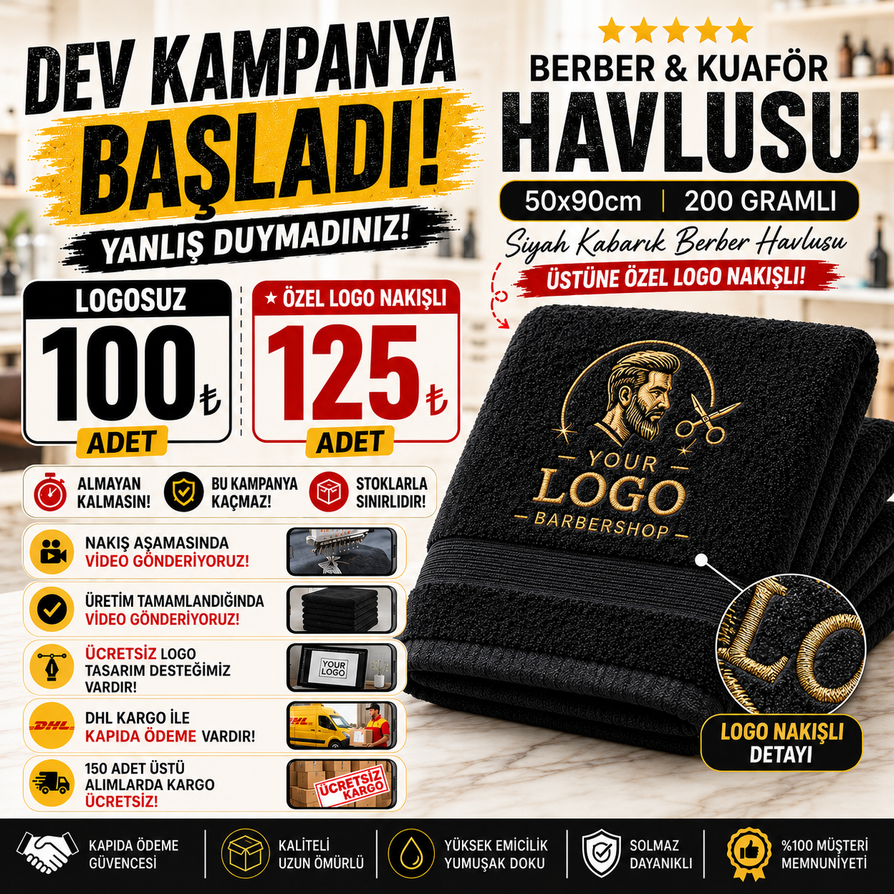 Berber & Kuaför Havlusu - Siyah Kabarık 50x90cm 200gr Özel Logo Nakışlı