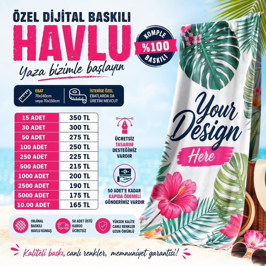 Özel Dijital Baskılı Havlu - Komple %100 Baskılı | 70x140cm & 70x150cm