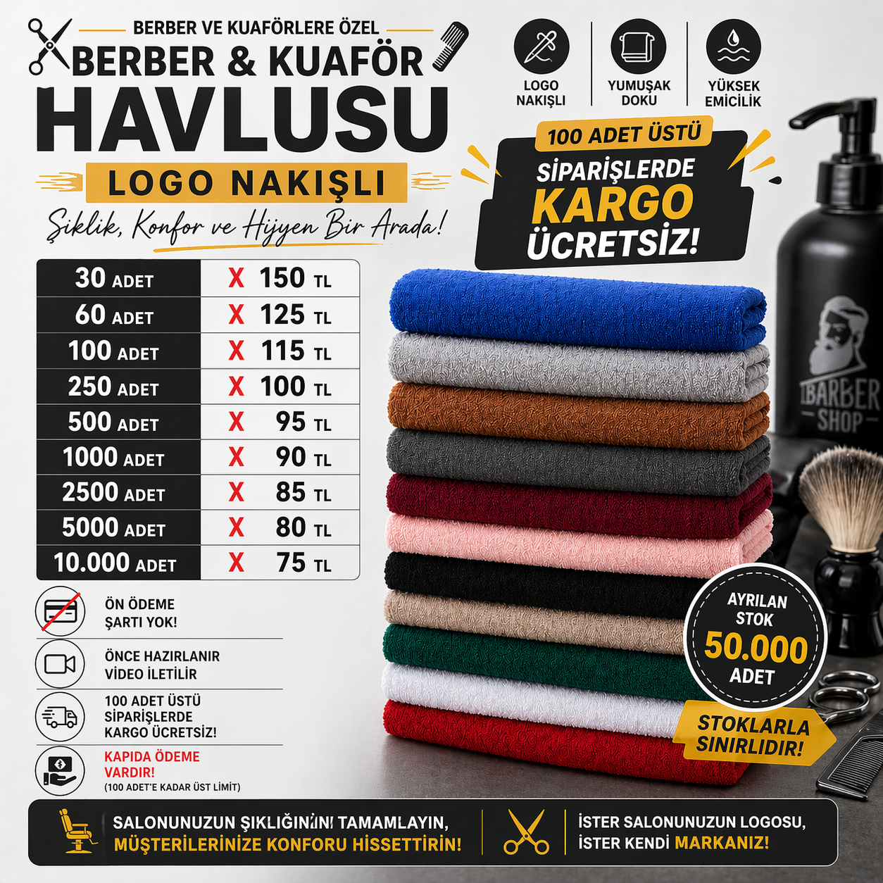 Berber & Kuaför Havlusu - Logo Nakışlı | Toplu Sipariş Fiyatlarıyla