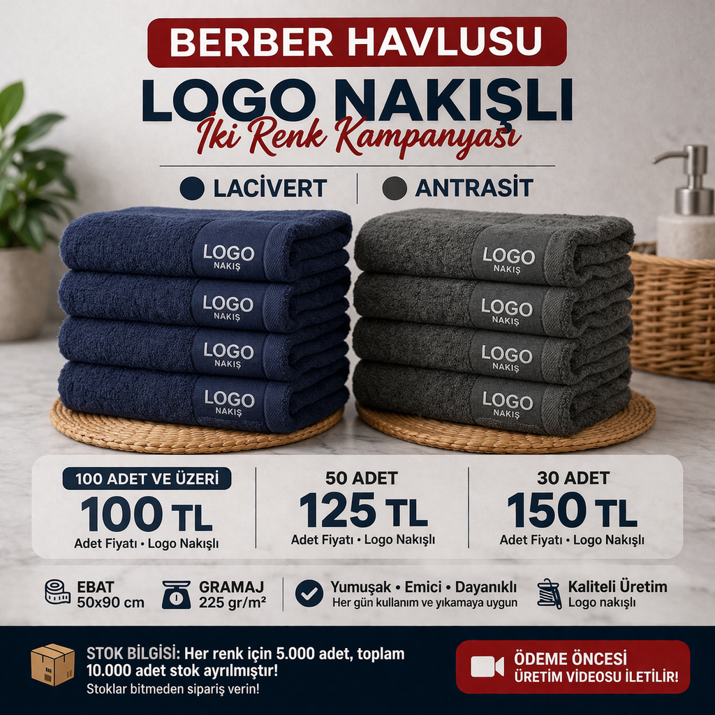 Berber Havlusu – Logo Nakışlı (Lacivert & Antrasit)