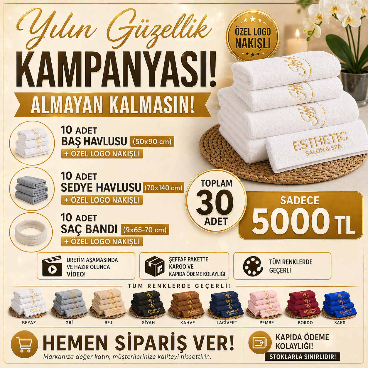 Yılın Güzellik Kampanyası - 30 Adet Özel Logo Nakışlı Havlu Seti