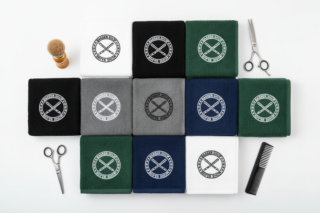 Logo nakışlı berber havlusu koleksiyonu flat lay