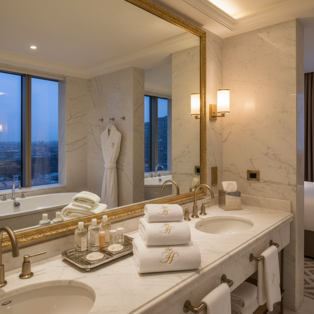Lüks otel banyosunda logo nakışlı beyaz havlu