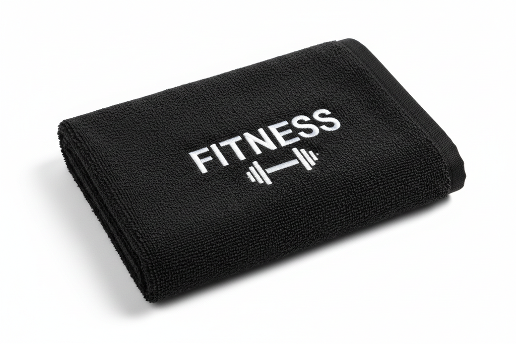 Siyah fitness logolu spor havlusu