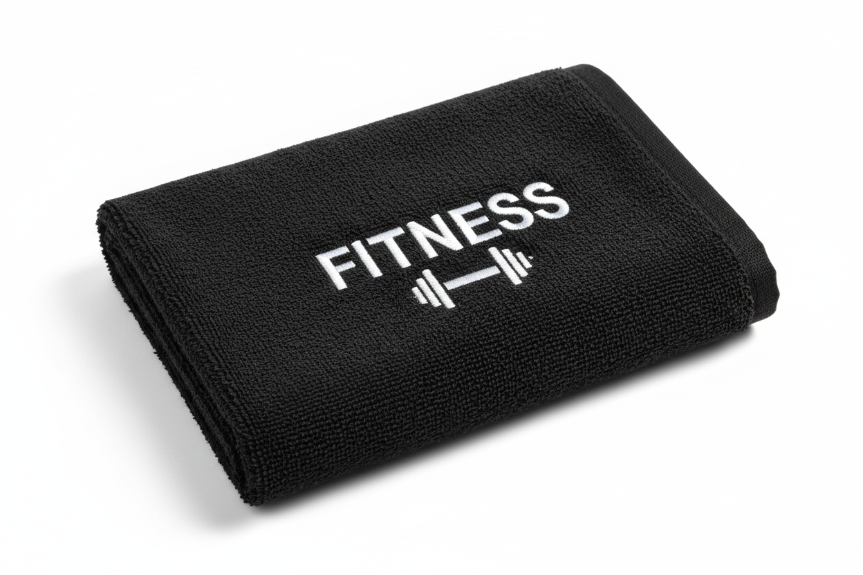 Siyah fitness logolu spor havlusu