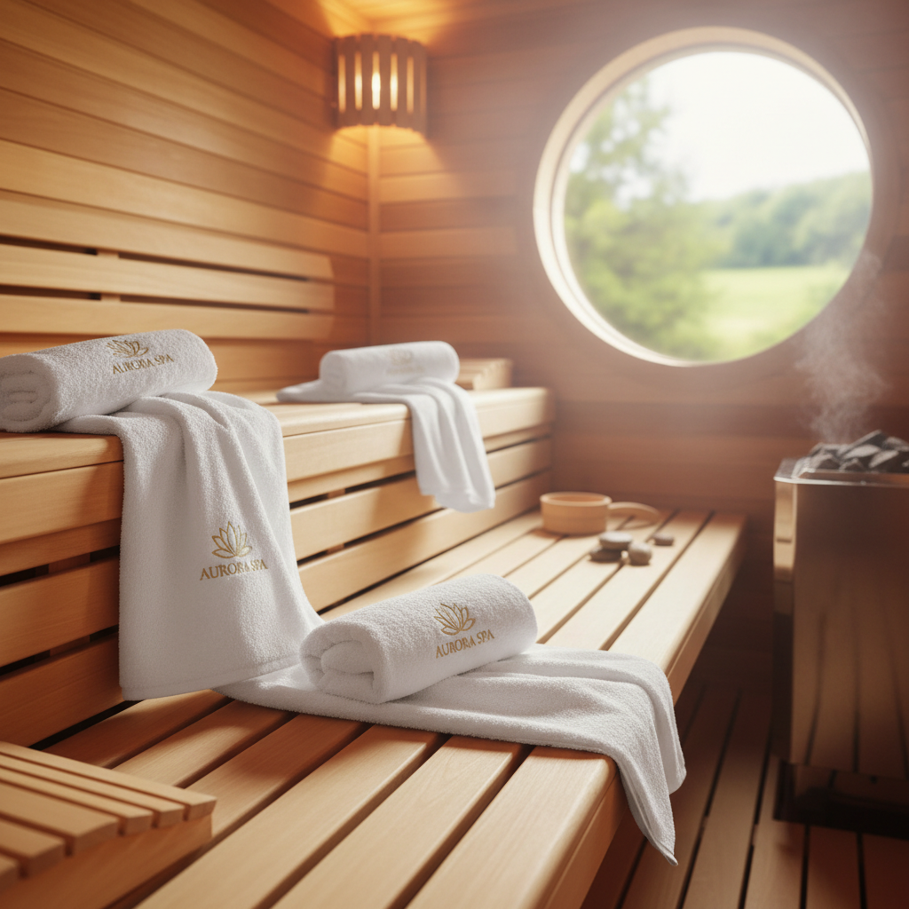 Sauna içinde spa logolu beyaz havlu