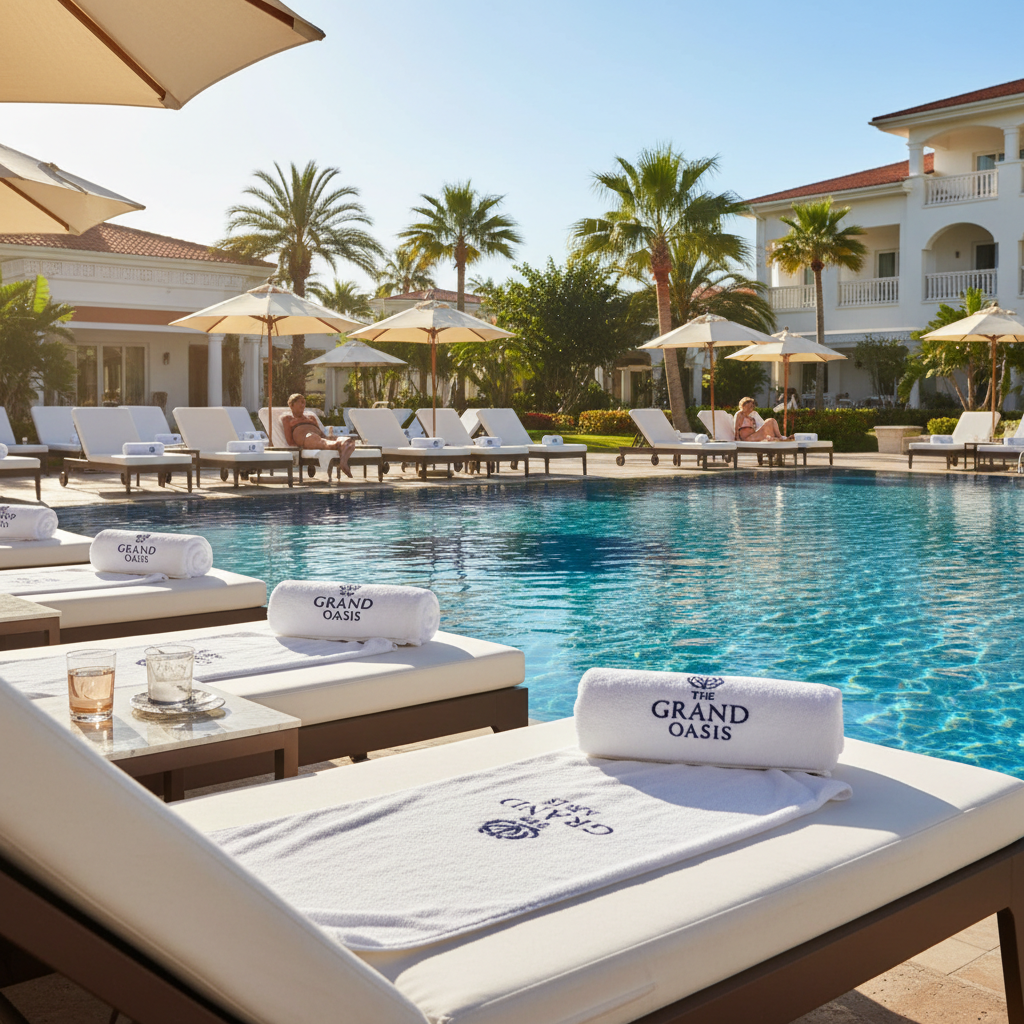 Otel havuz başında markalı logolu havlular