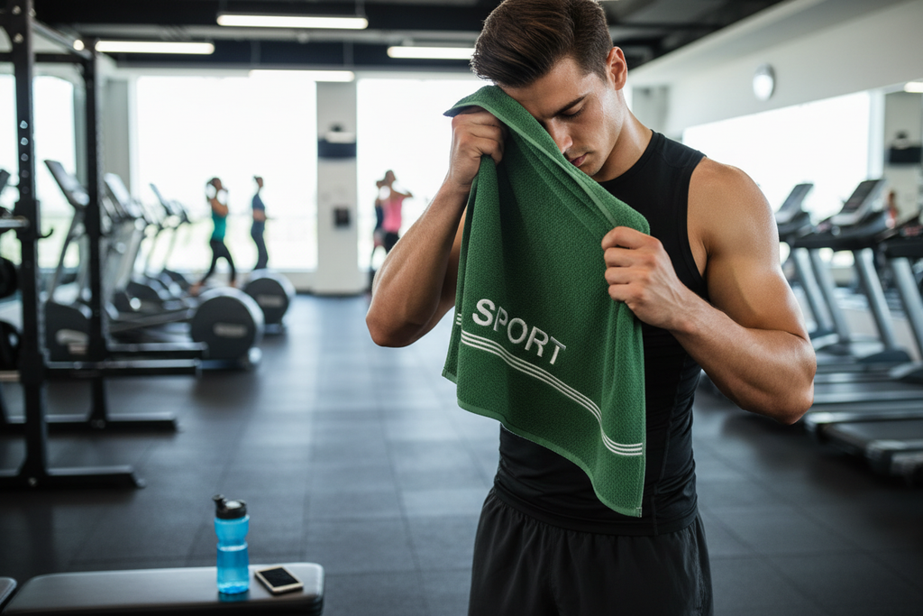 Yeşil sport logolu spor havlusu gym kullanımı