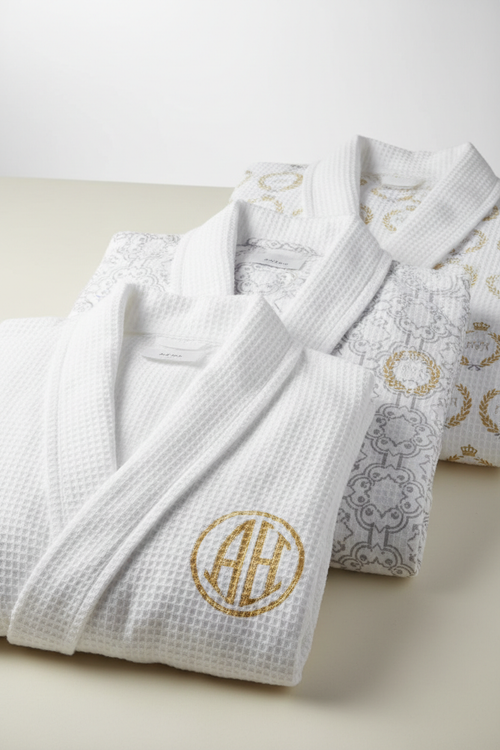 Baskılı Monogram Waffle Şal Yaka Bornoz - Toplu Ürün Görseli