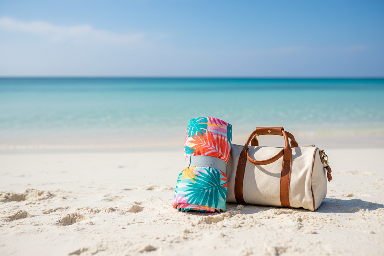 Kompakt sarılı mikrofiber plaj havlusu seyahat çantası yanında