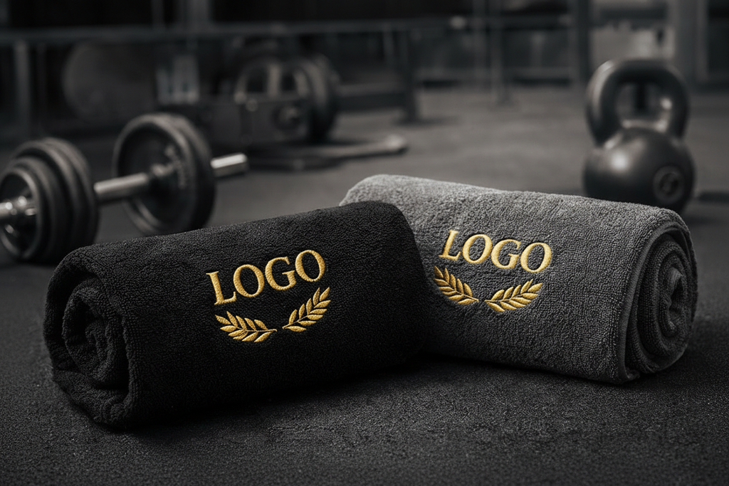 Siyah antrasit spor havlusu 30x90cm altın logo gym ortamı