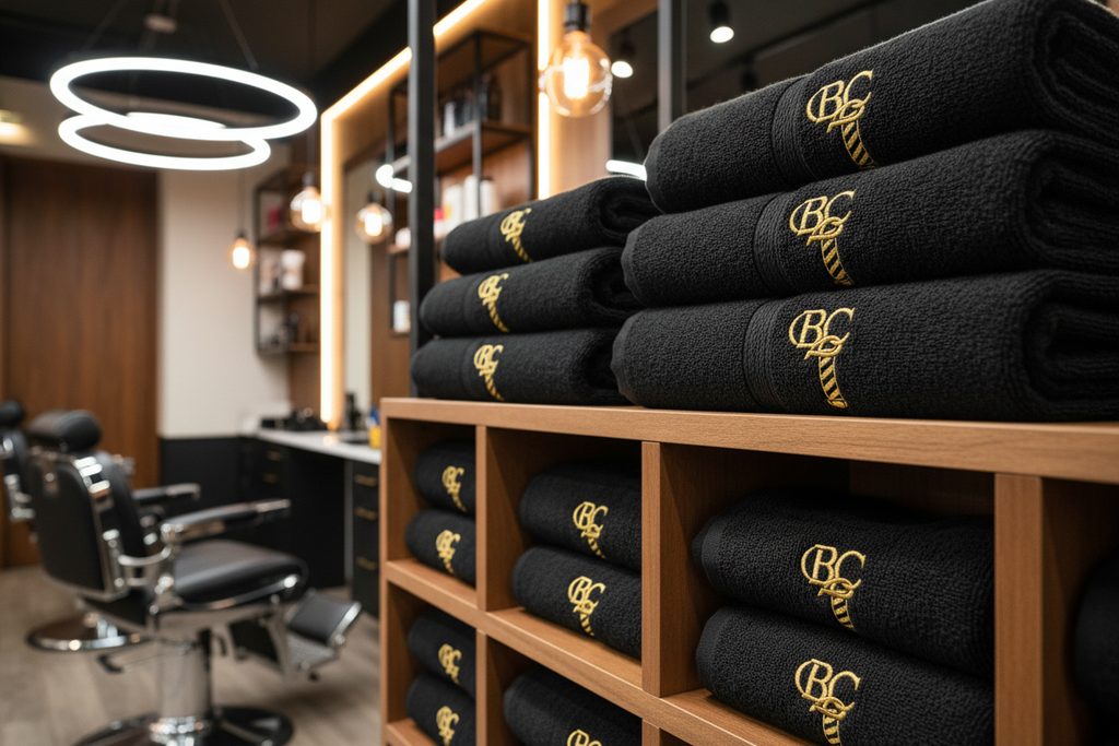 Siyah berber havlusu altın nakışlı logo barbershop