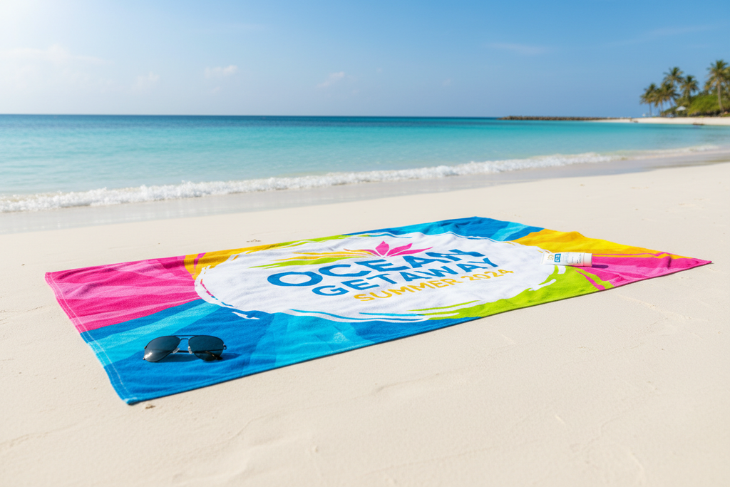 Plajda logo baskılı promosyon plaj havlusu