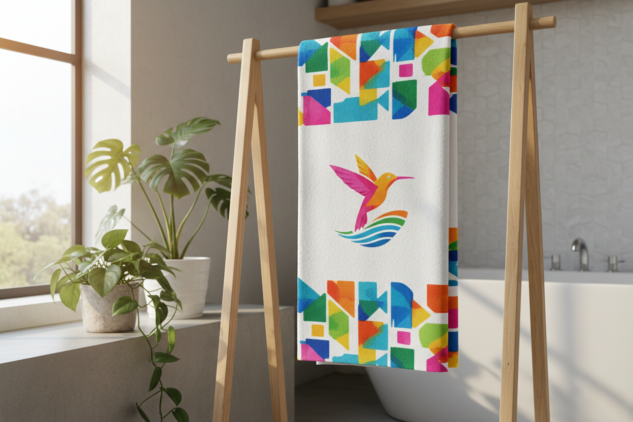 Banyo rafında logo baskılı özel tasarım havlu