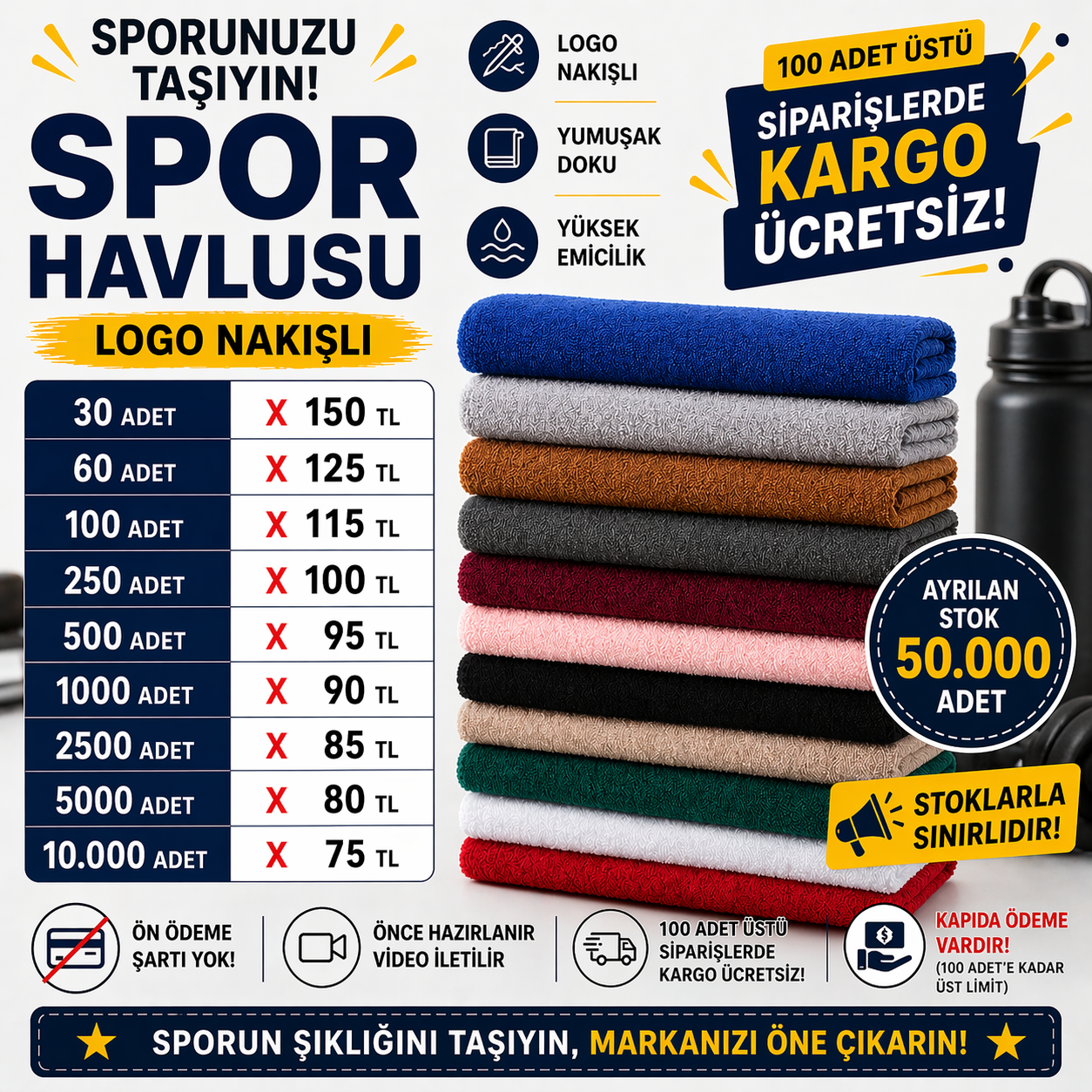 Spor Havlusu - Logo Nakışlı | Toplu Sipariş Fiyatlarıyla
